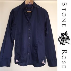 STONE ROSE elegant Dress Casual Navy Blue SHIRT
